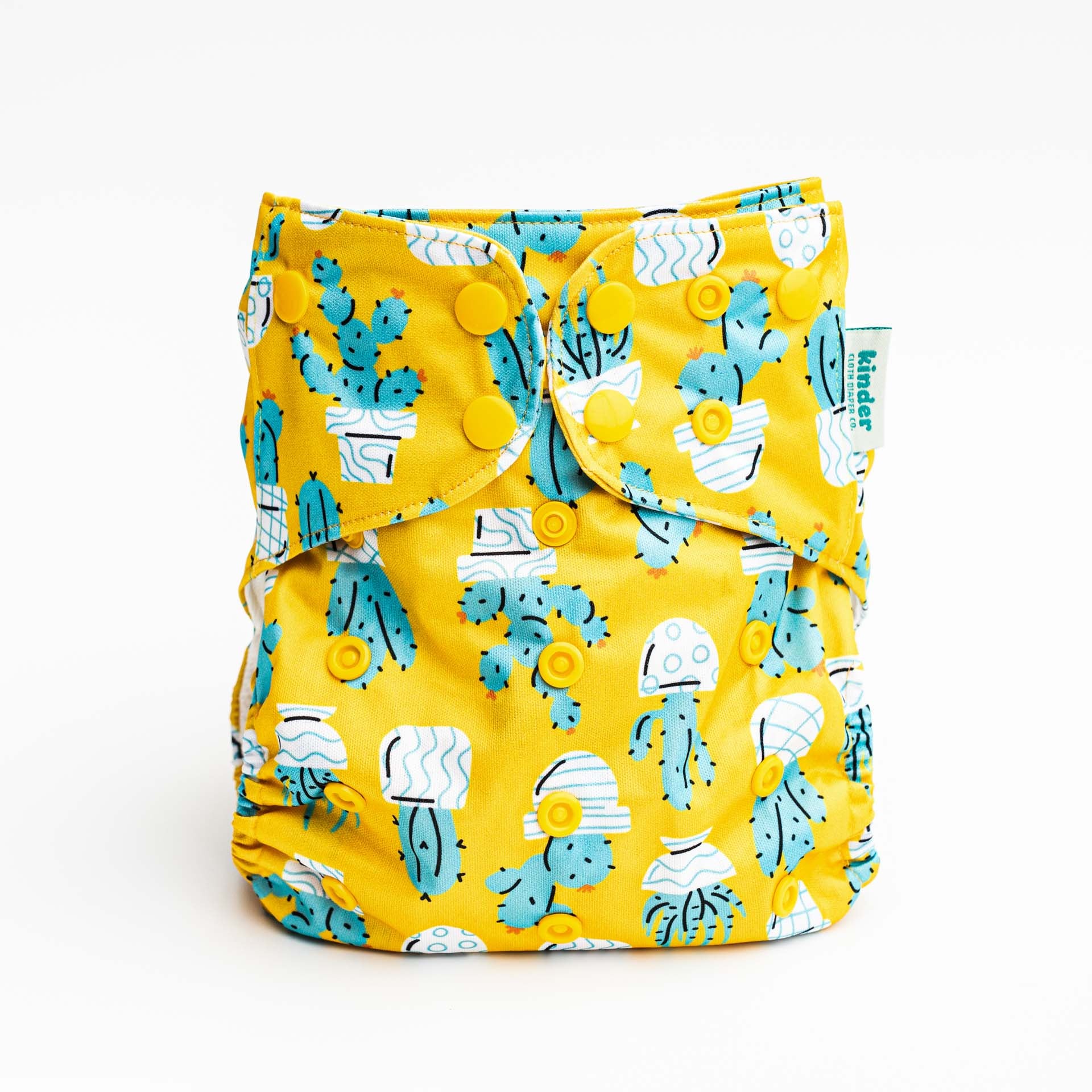 modern reusable pocket style diaper with athletic wicking jersey lining cactus succulent print yellow