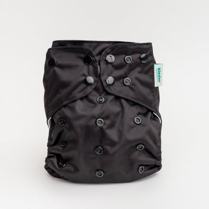 kinder cloth diaper co all black pocket style cloth diaper with athletic wicking jersey mesh lining breathable and great for newborns and toddlers midnight dark and moody cloth diapers